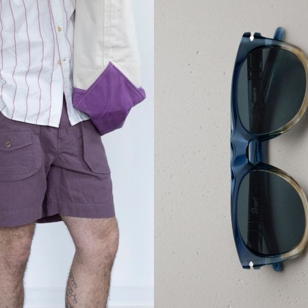 A split image of a model in purple shorts and a pair of Persol sunglasses.