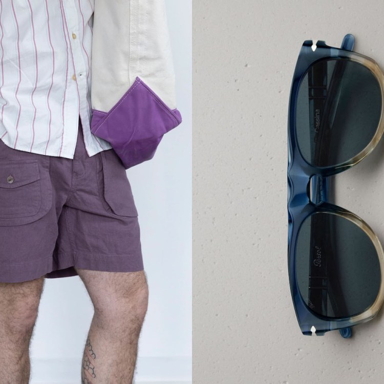 A split image of a model in purple shorts and a pair of Persol sunglasses.