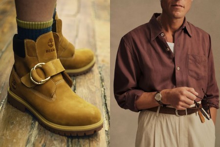 A split image of a timberland boot and a model in a burgundy shirt