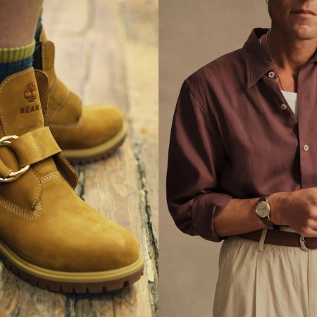 A split image of a timberland boot and a model in a burgundy shirt