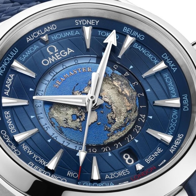 A blue Omega World Timer Watch