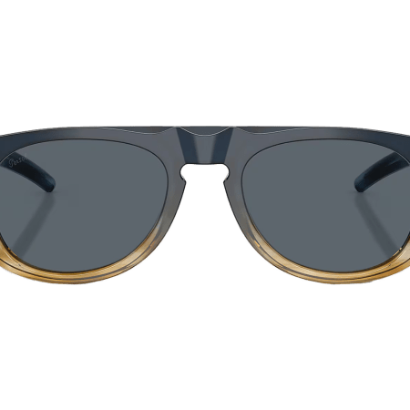 A split image of a model in purple shorts and a pair of Persol sunglasses.