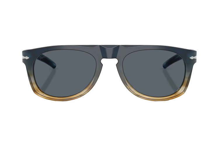 A split image of a model in purple shorts and a pair of Persol sunglasses.