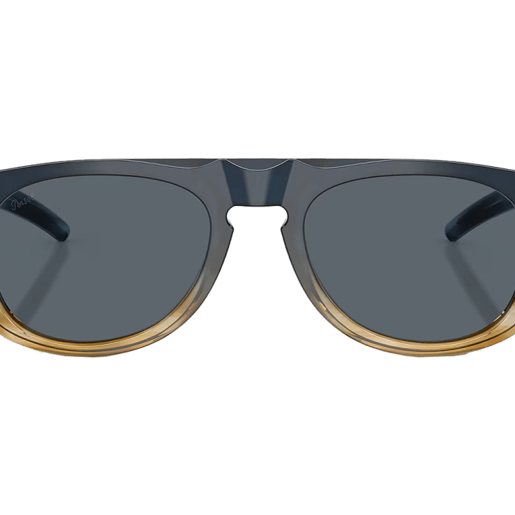 A split image of a model in purple shorts and a pair of Persol sunglasses.