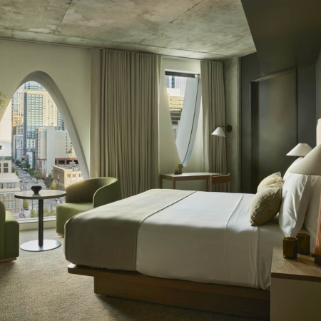 Two interior spaces at Populus Denver stitched together, showcasing different sustainable design elements within the hotel.