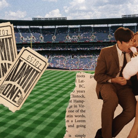 Two old-time ticket stubs and a couple enjoying cotton candy on top of a baseball field