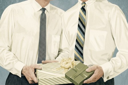 two men in ties with gifts