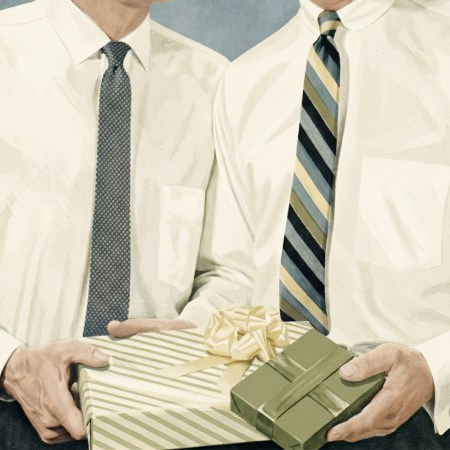 two men in ties with gifts