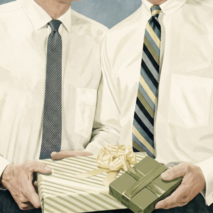 two men in ties with gifts
