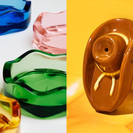 a split photo with yew yew wavy ashtrays on one side and a cowboy-shaped pipe on the other