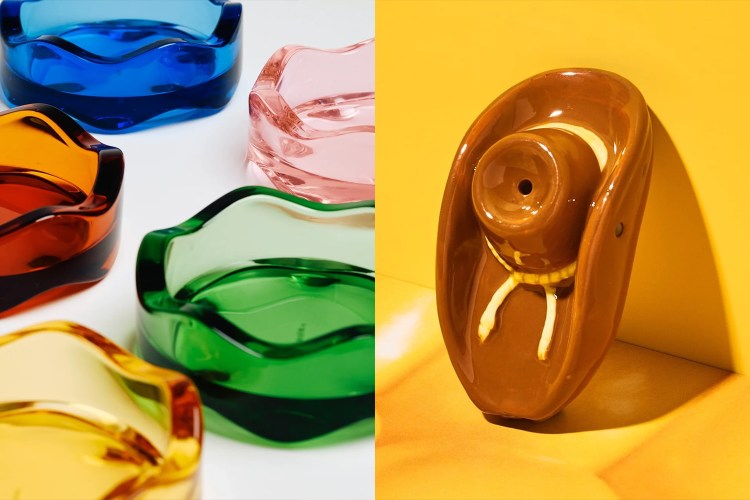 a split photo with yew yew wavy ashtrays on one side and a cowboy-shaped pipe on the other