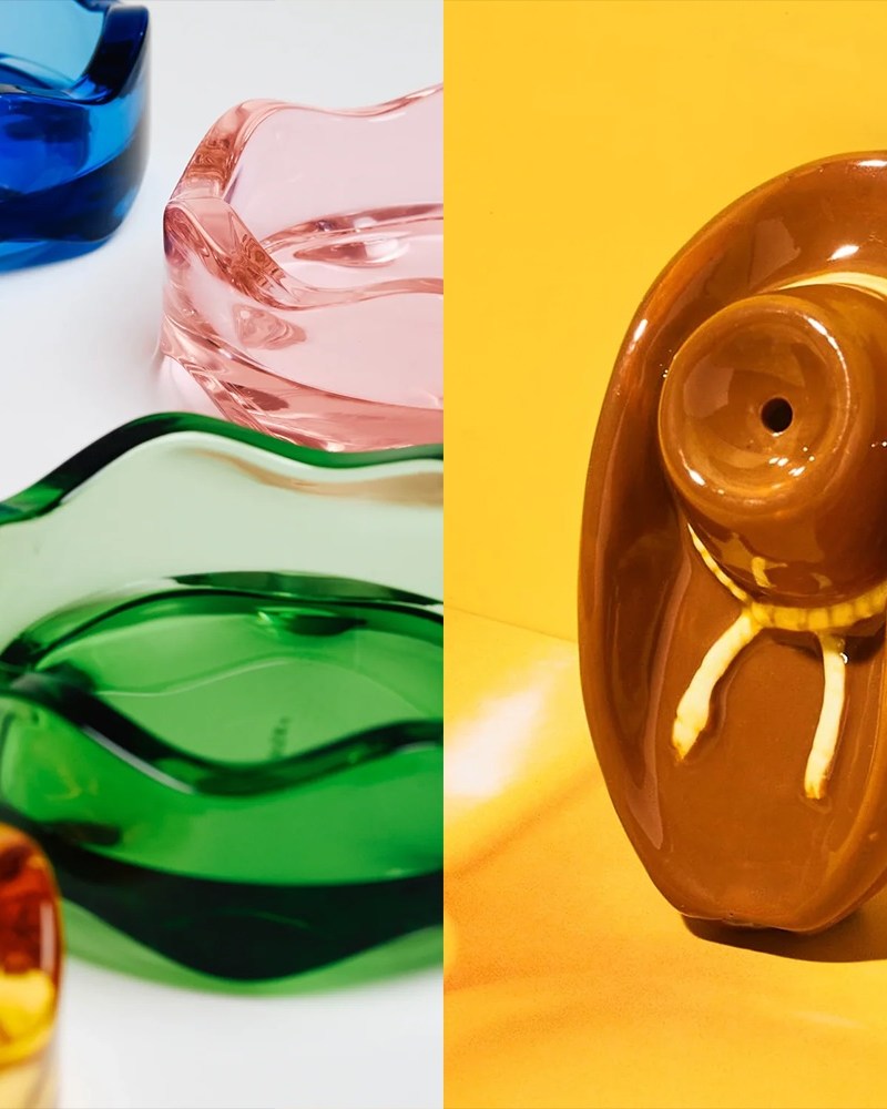 a split photo with yew yew wavy ashtrays on one side and a cowboy-shaped pipe on the other