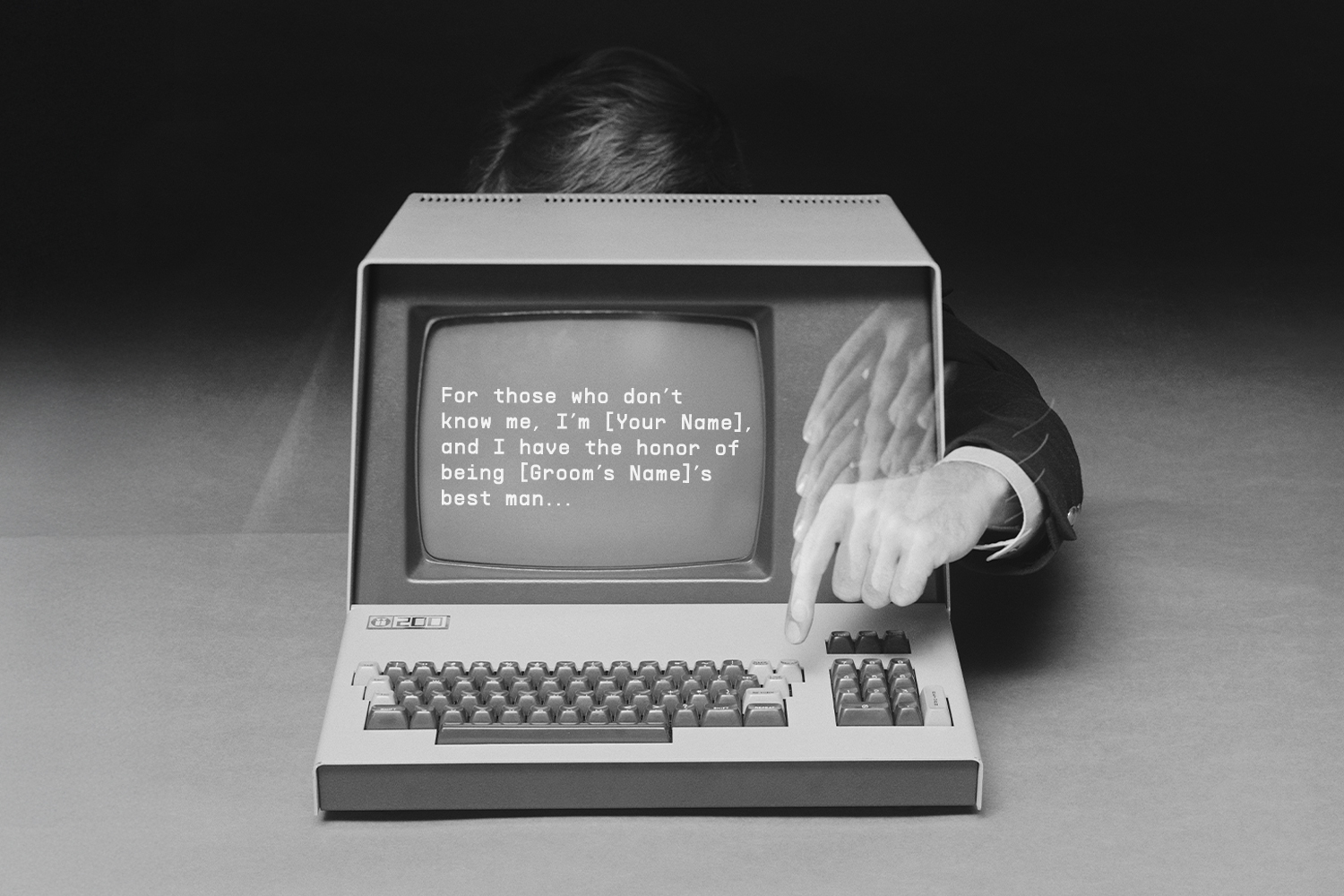 A man typing a speech on an old-fashioned computer, simulating the act of using AI to help him write