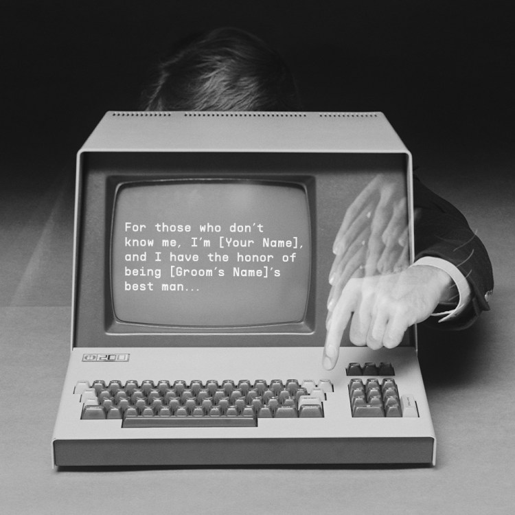 A man typing a speech on an old-fashioned computer, simulating the act of using AI to help him write