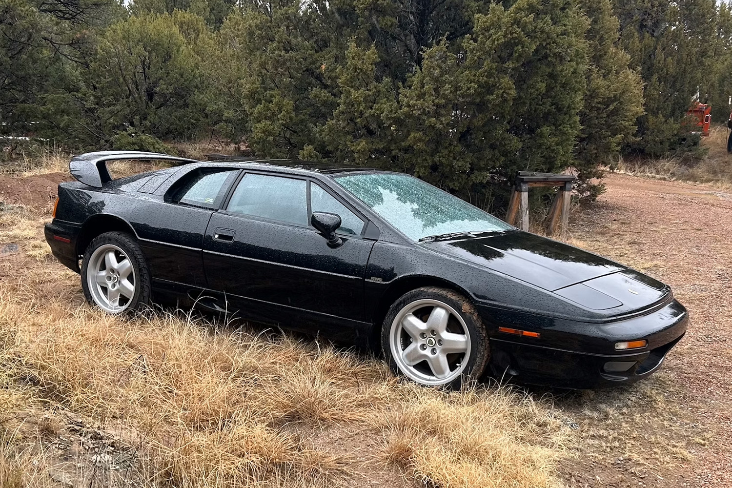 A black car covered in rain drops sitting on dead grass