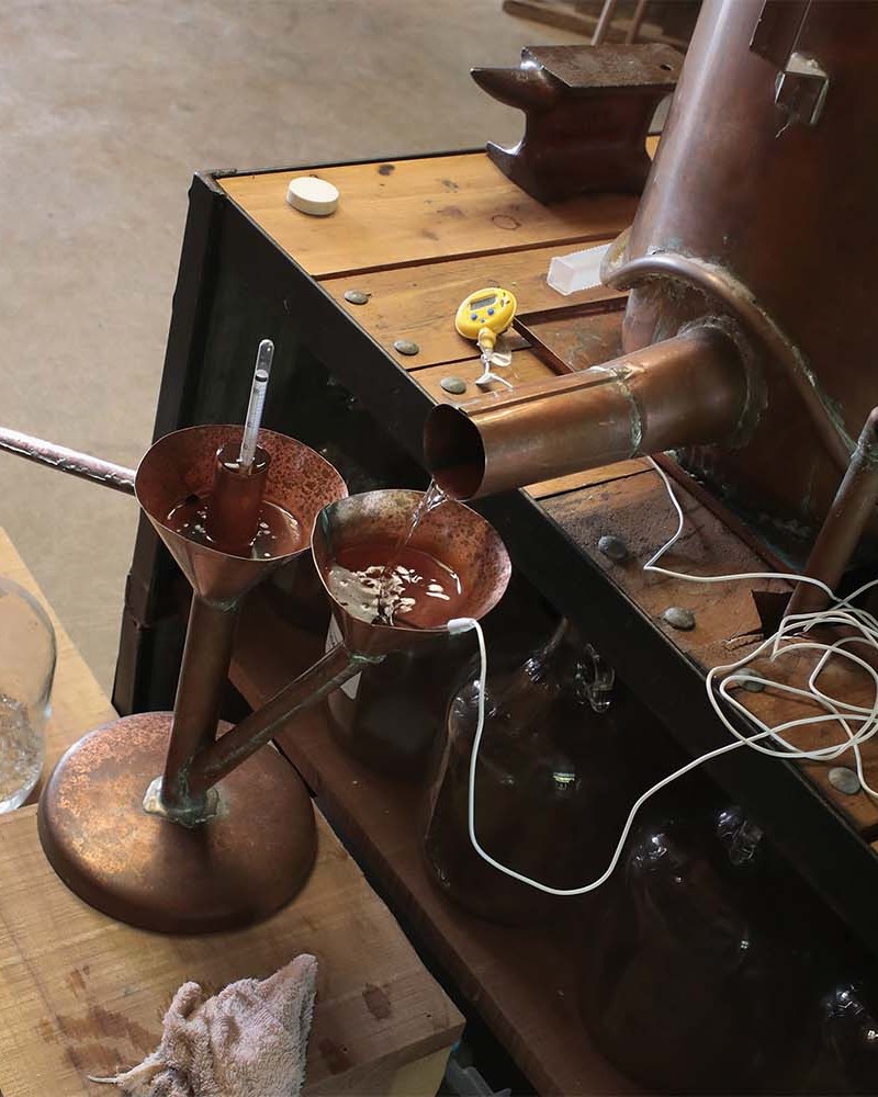 Moonshine runs from the still at Casey Jones Distillery on August 16, 2017 in Hopkinsville, Kentucky.