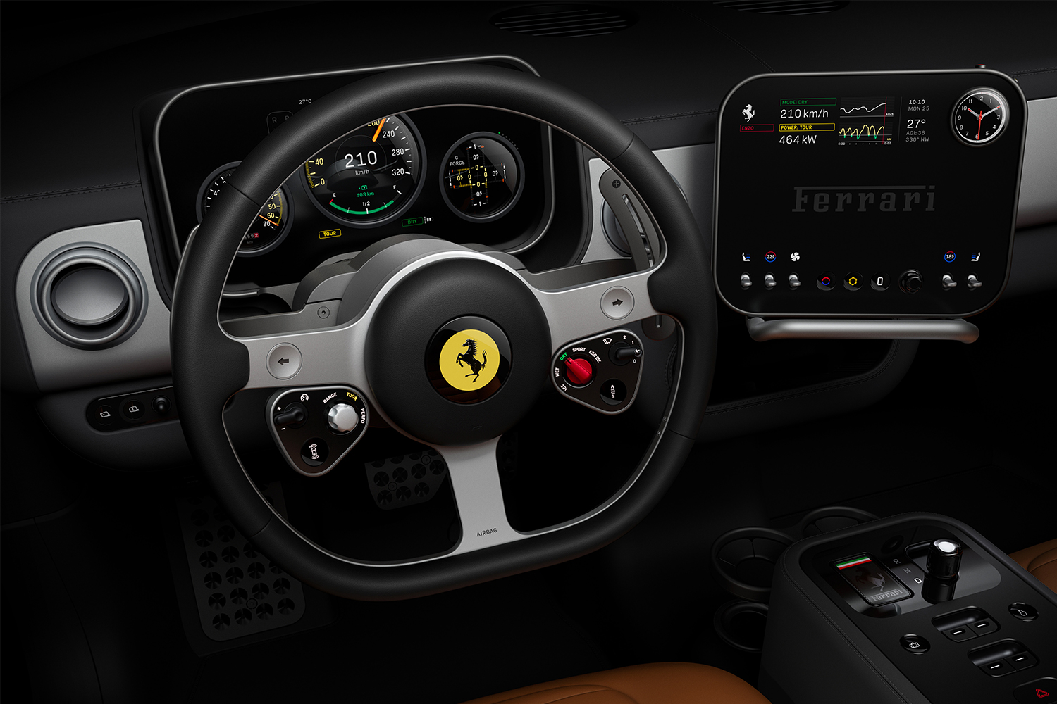 The dashboard of the Ferrari Luce, the automaker's first EV, which was designed in part by Marc Newson