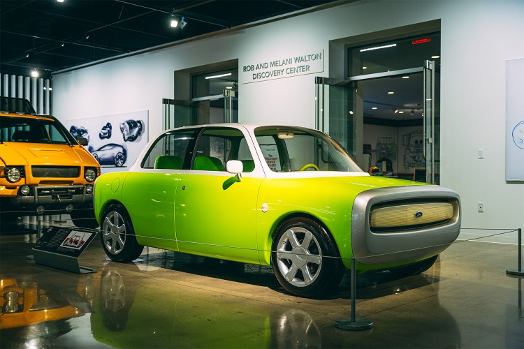 The 1999 Ford 021C concept car designed by Marc Newson displayed at the Petersen Automotive Museum in Los Angeles