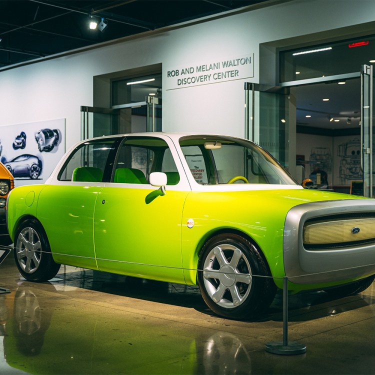 The 1999 Ford 021C concept car designed by Marc Newson displayed at the Petersen Automotive Museum in Los Angeles