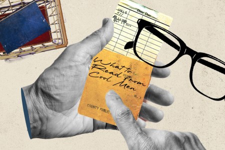 A hand holding a book's library card with the words "What to Read From Cool Men"