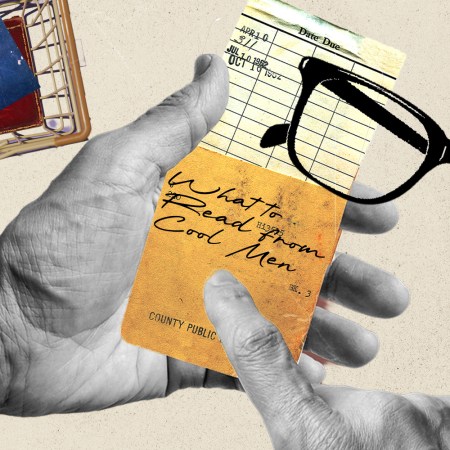 A hand holding a book's library card with the words "What to Read From Cool Men"