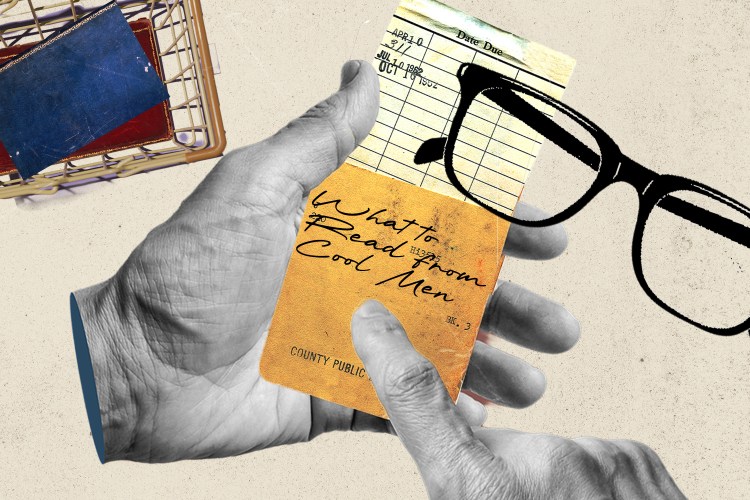 A hand holding a book's library card with the words "What to Read From Cool Men"