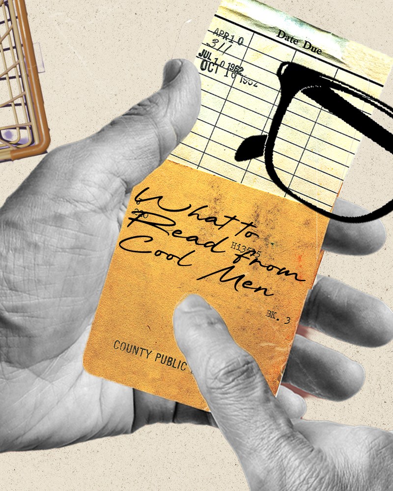 A hand holding a book's library card with the words "What to Read From Cool Men"
