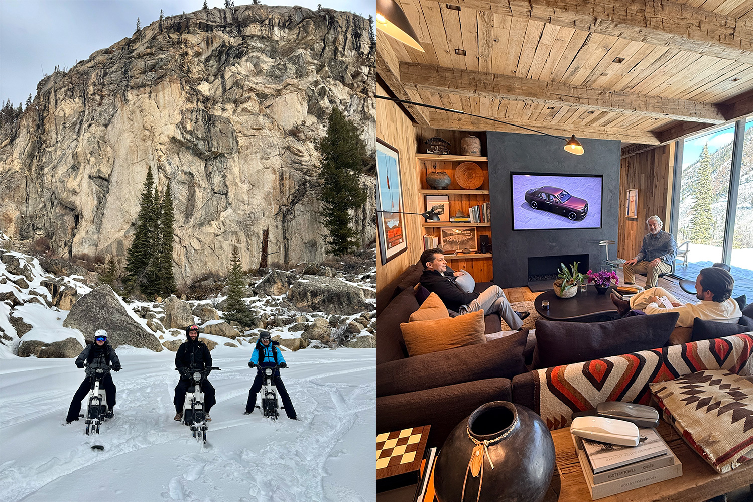 The photo on the left shows three men sitting on electric snow scooters. On the right three men are gathered in a living room in front of a TV.
