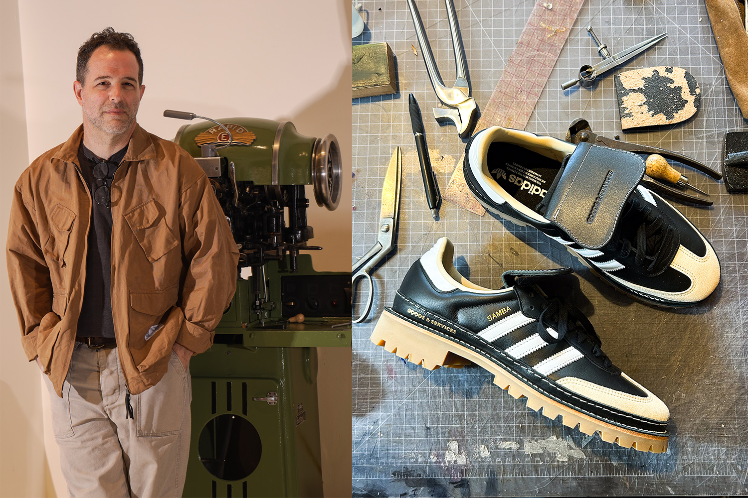 A man standing next to a shoemaking machine on the left, a pair of shoes on a table surrounded by tools on the right