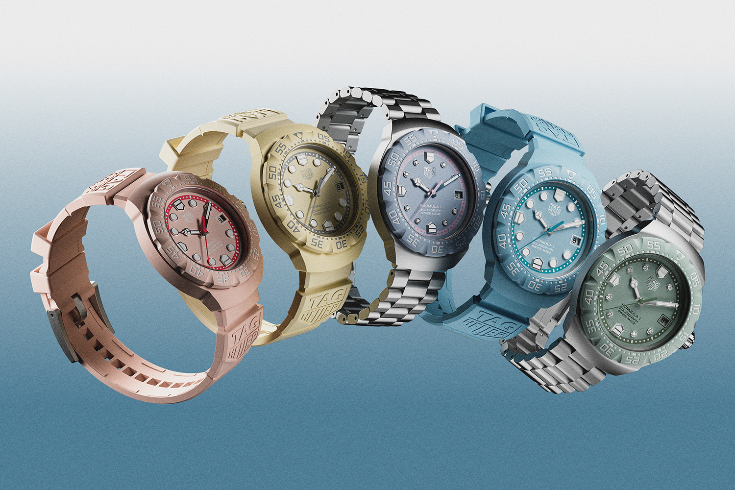Five watches floating in the air in the colors pink, yellow, blue and green with a background that fades from white to blue