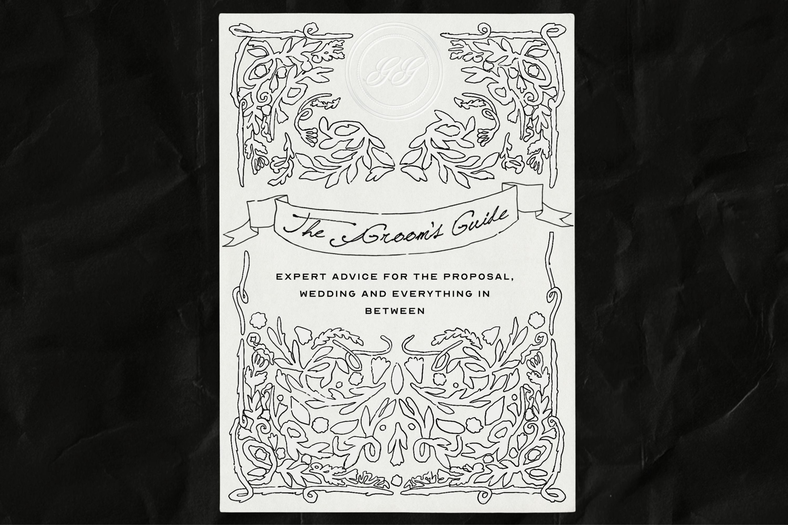 An invitation that reads: The Groom's Guide: Expert advice for the proposal, wedding and everything in between