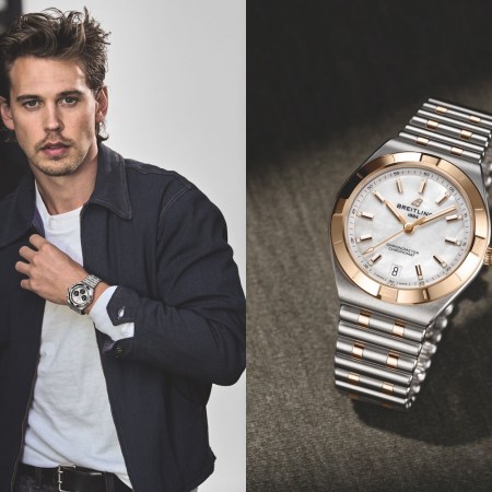 Left: The actor Austin Butler holding up his wrist with a watch. Right: A watch with a white dial and a gold bezel