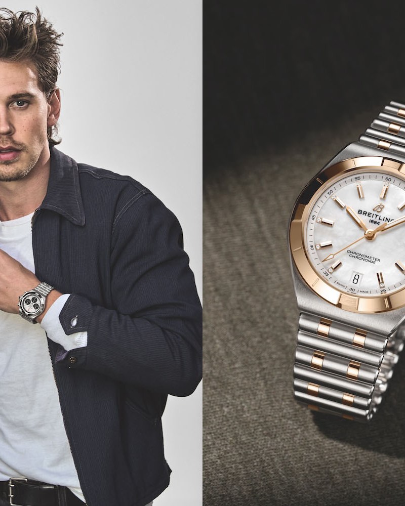 Left: The actor Austin Butler holding up his wrist with a watch. Right: A watch with a white dial and a gold bezel