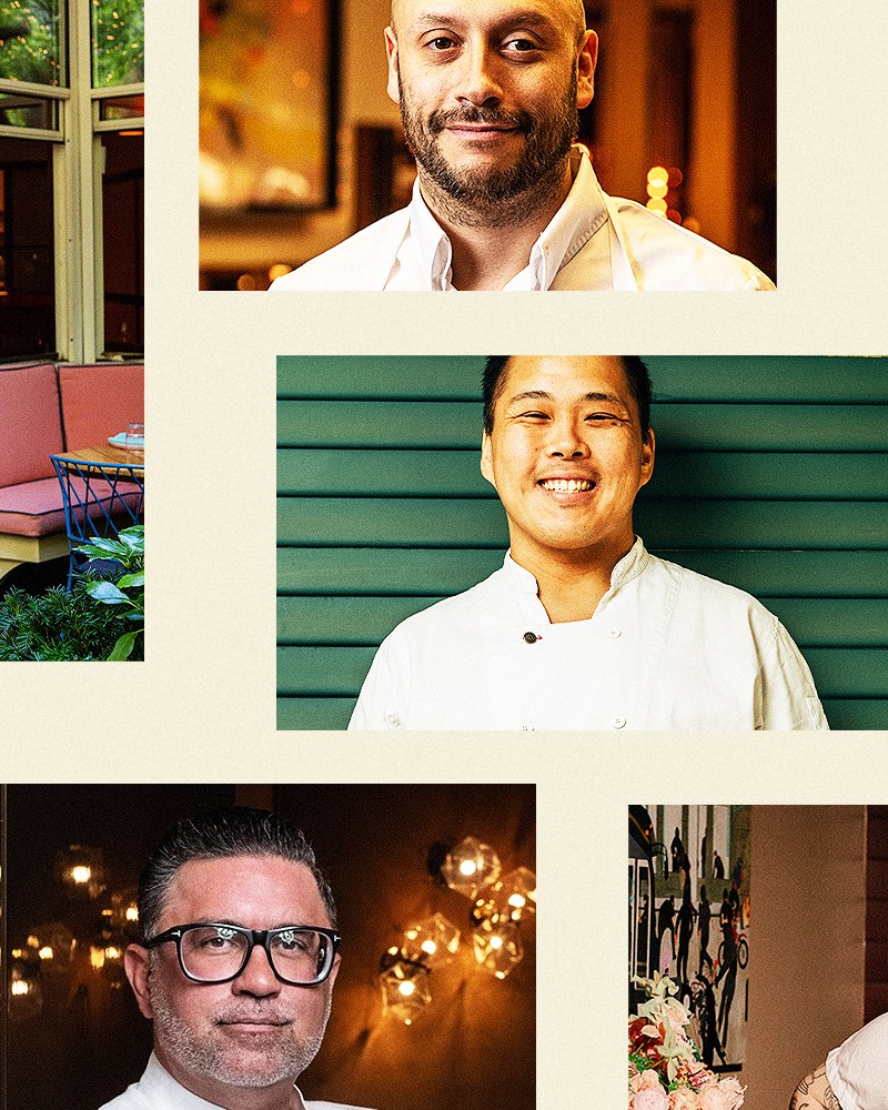 A collage of seven headshots of chefs on a beige background