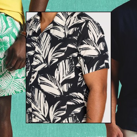 A man wearing green swim trunks, another in a black and white print shirt, and one in a blue linen shirt