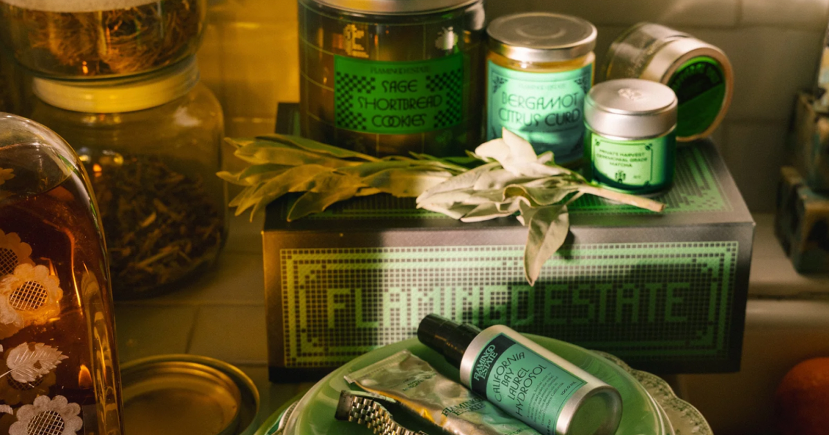 lifestyle image of Flamingo Estate items on a counter in sunlight
