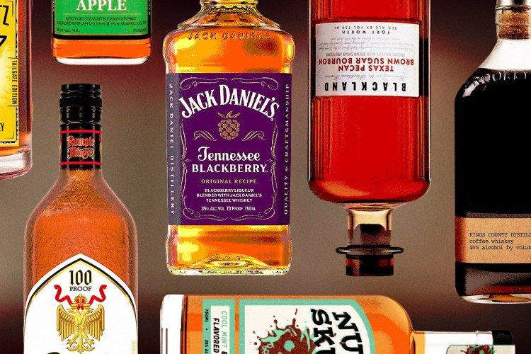 a collage of flavored whiskey bottles