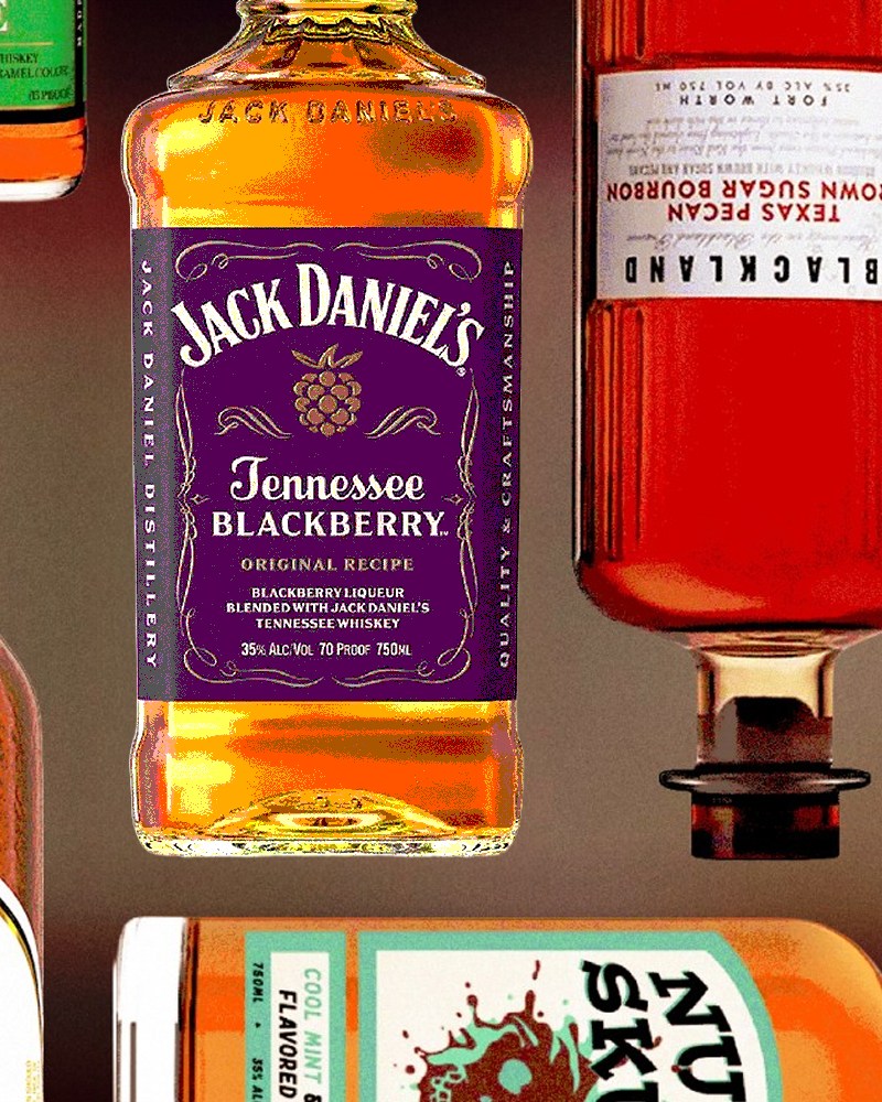 a collage of flavored whiskey bottles