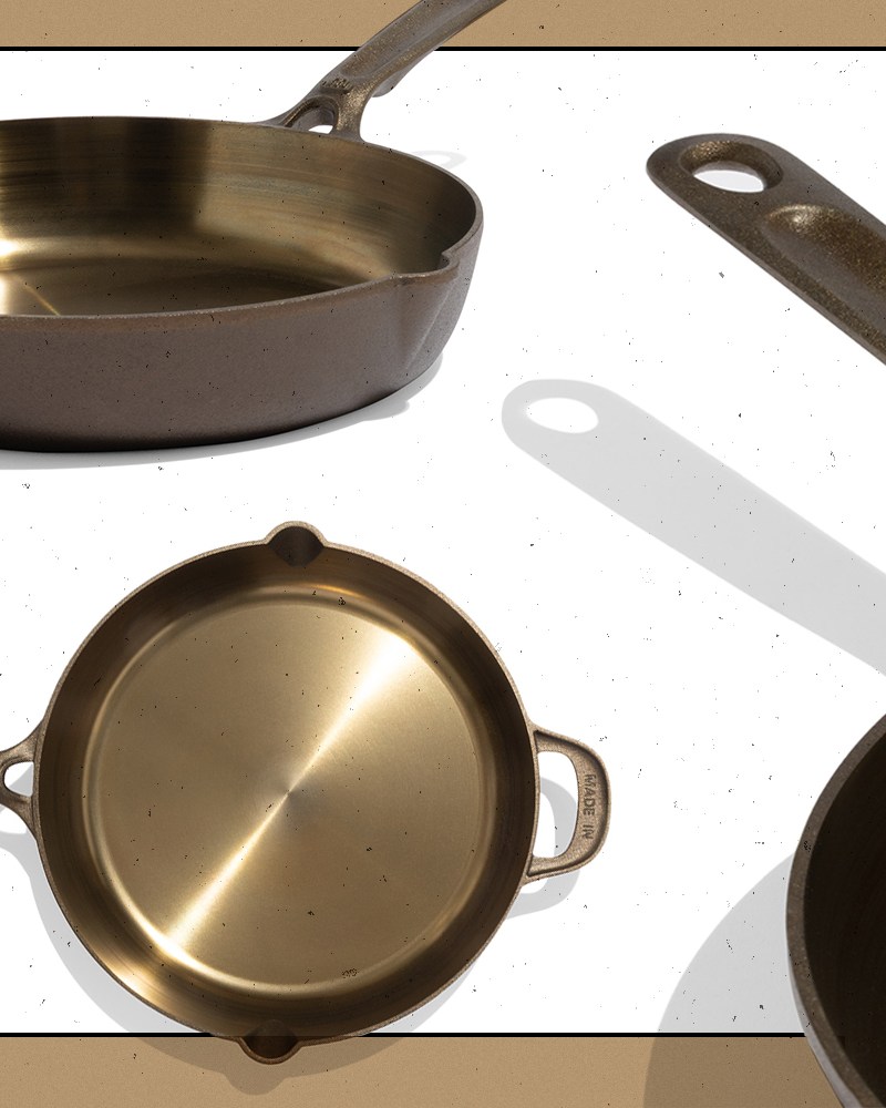 A cast iron skillet shown from three different sides on a white background with a gold border