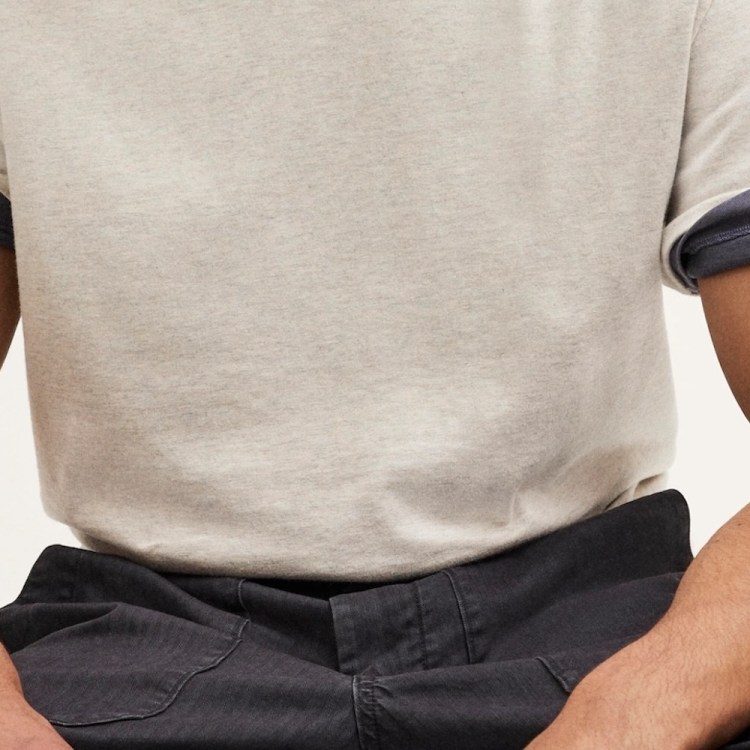 Torso of a person wearing a light gray t-shirt with rolled-up dark gray sleeves and dark gray pants.