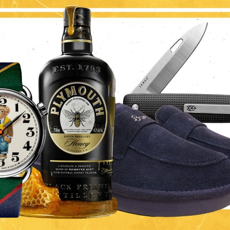 products cutouts of a watch, bottle of gin, slippers and a switch blade side by side