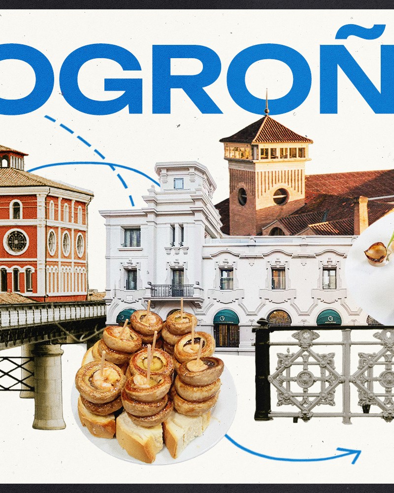 A collage of buildings, plates of food and architectural details with the word "LOGROÑO" in blue