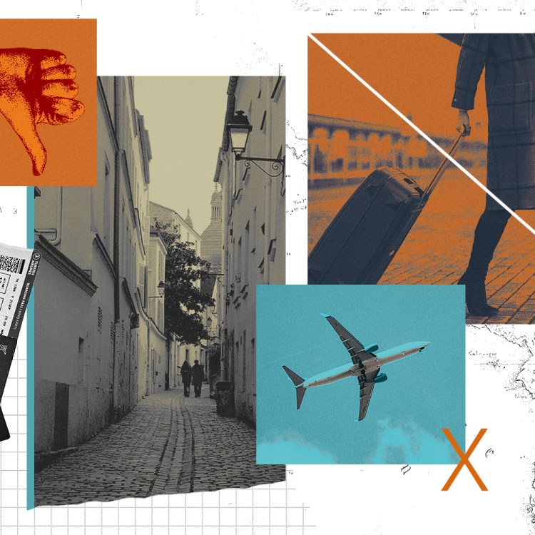A collage of travel imagery — a thumbs-down illustration, a cobblestone European alley, a traveler pulling a suitcase, a plane in flight and a hand holding a passport with boarding passes — set against a map background in orange, teal and black-and-white tones.