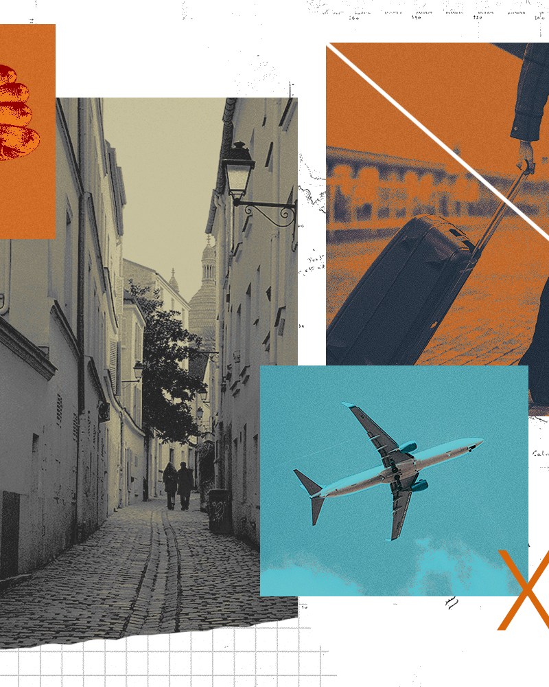 A collage of travel imagery — a thumbs-down illustration, a cobblestone European alley, a traveler pulling a suitcase, a plane in flight and a hand holding a passport with boarding passes — set against a map background in orange, teal and black-and-white tones.