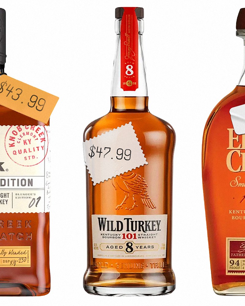 bottles of knob creek, wild turkey 101 8 year and elijah craig small batch lined up on a white background