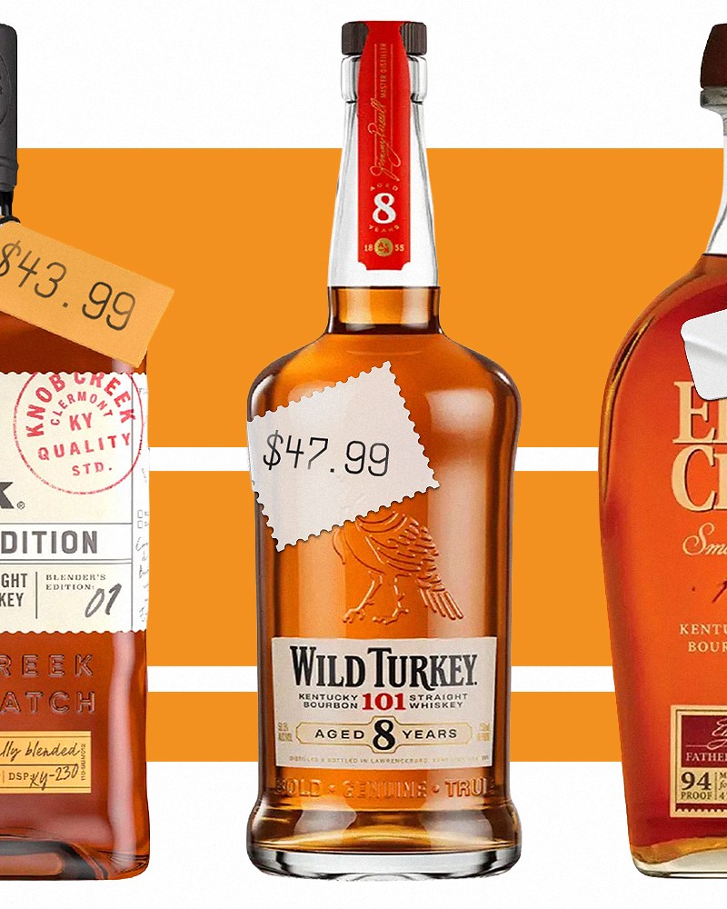 bottles of knob creek, wild turkey 101 8 year and elijah craig small batch lined up on a white background