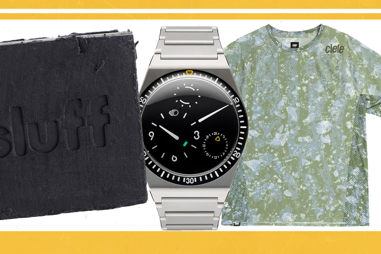 Product cut-outs, a green t-shirt, a grey watch and a black bar of soap.