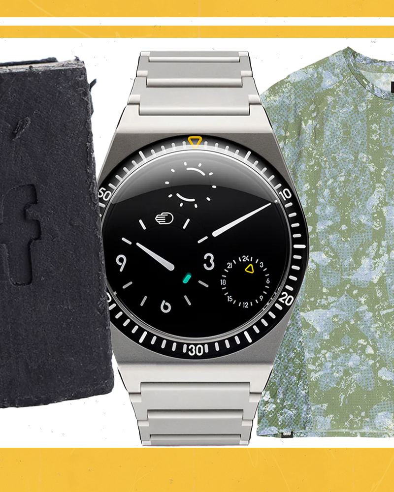 Product cut-outs, a green t-shirt, a grey watch and a black bar of soap.