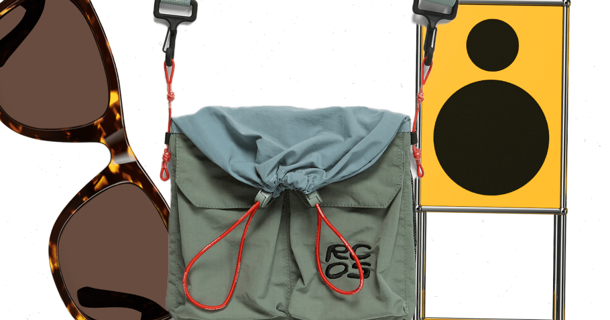 Product cut-outs of sunglasses, a bag, and speakers.