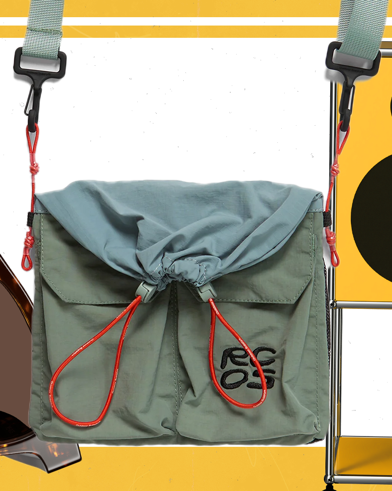 Product cut-outs of sunglasses, a bag, and speakers.